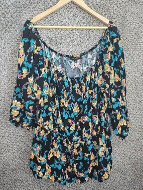 Lane Bryant Top Womens 26/28 Black Floral Print Off The Shoulder Blouse